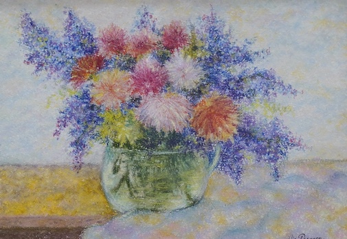 Lelia Pissarro (French, b.1963), pastel, still life ‘Les Lilas de Leora, Kalia et Lelia’, signed, details verso, 24 x 34cm. Condition - fair to good, losses to the frame